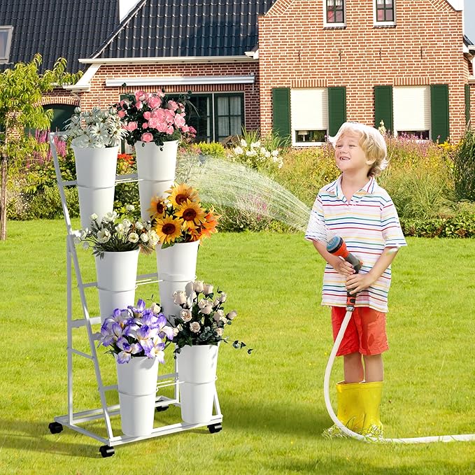 Invech Flower Display Stand with 6 Buckets and Wheels, 3 Tier White Flower Cart Display Stand for Indoor Outdoor Garden, Wedding, Flower Shop (Existing Patent)