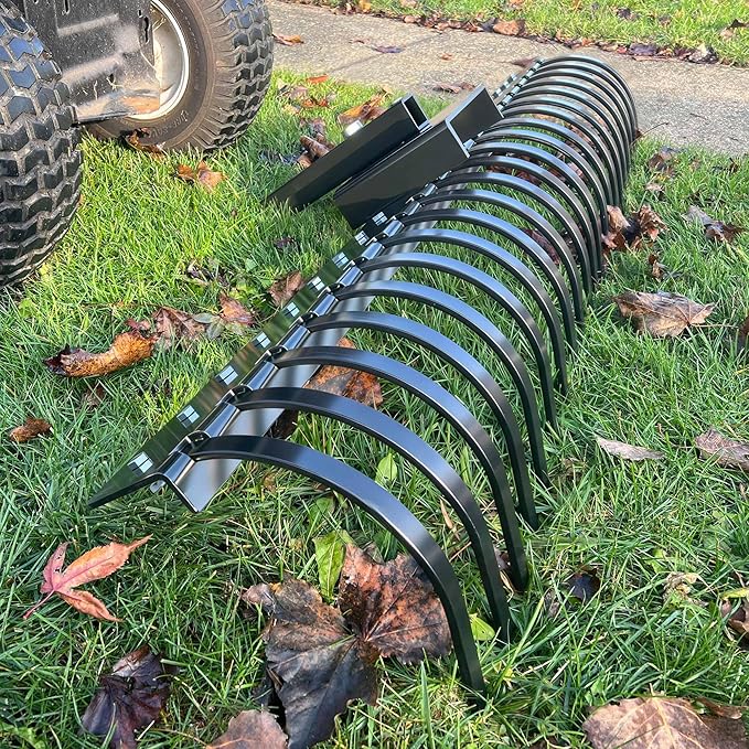 YITAMOTOR 60" Tow Behind Landscape Rake, 2" Receiver Lown Dethatcher Rack with 21 Steel Tines for ATV/UTV & 3-Point Hitch Systems Tractor, Features to 48" or 60" Toolbars for Leaves, Debris, Grass