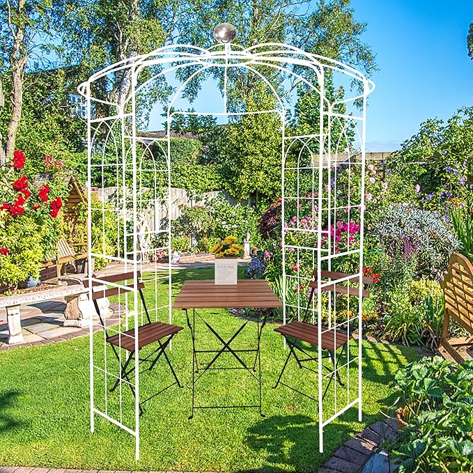 Metal Garden Trellis Arbor Arch Gazebo Birdcage Shape, Off White Pergola Pavilion fpr Climbing Plants Rack French Style Wedding Decoration Lawn