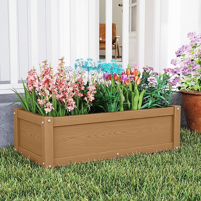 HDPE Raised Planter Box Outdoor,Rot-Resistant and Non-Cracking,Raised Beds for Gardening 29.5 * 14.4 * 9.8 in for Yard,Lawn,Outdoor Planter Boxes Rectangle with Drainage Holes Brown