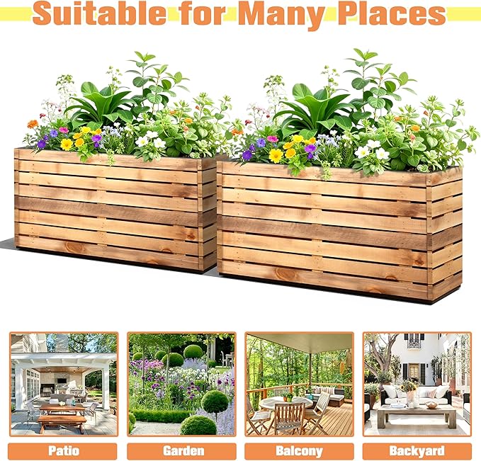 FENCY Large Metal Planter, Large Rectangular Planters for Outdoor Plants, Tall Outdoor Planters for Porch Patio, 32" L x 15" W x 16.3" H Walnut Finish Metal Planter with Drainage Hole
