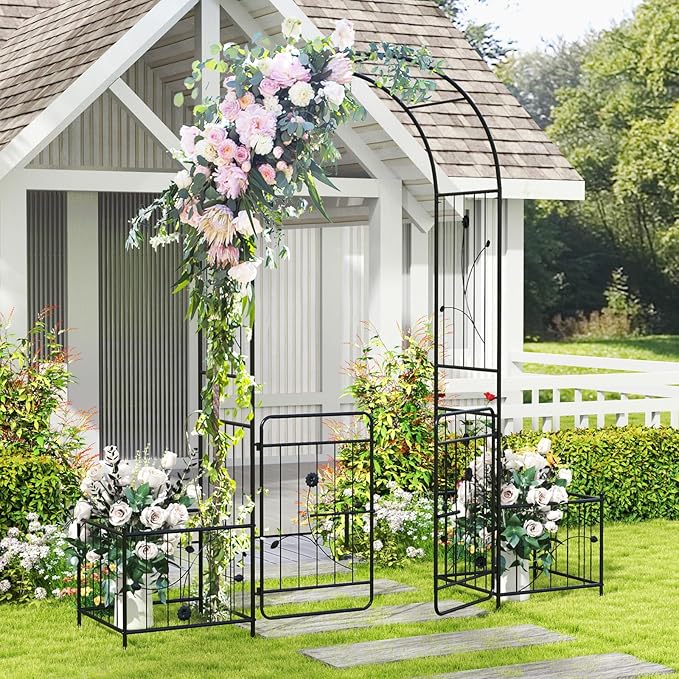 Giantex Garden Arch with Planter - 86 inch Metal Garden Arbor with Gate, Arch Trellis for Climbing Plants Rose, Wedding Archway Pergola for Lawn Patio Bridal Party Decoration