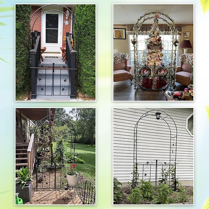 Metal Garden Arch with Gate - Garden Arbor with Gate, Garden Arbor Trellis w/Door for Climbing Plants, Rose, Vine, Wedding, Garden Trellis Arch for Outdoor, Lawn, Backyard, 7'H X 3.6'W, Black