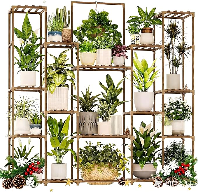 Bamworld Plant Shelf Indoor Hanging Plant Stand Outdoor Large Plant Shelves Tall Flower Holder wooden plant stand for Multiple Plants Plant Rack for Living Room Balcony Decor Garden Clearance Deals 17 Pots Plant Table
