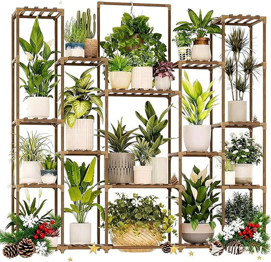 Bamworld Plant Shelf Indoor Hanging Plant Stand Outdoor Large Plant Shelves Tall Flower Holder wooden plant stand for Multiple Plants Plant Rack for Living Room Balcony Decor Garden Clearance Deals 17 Pots Plant Table