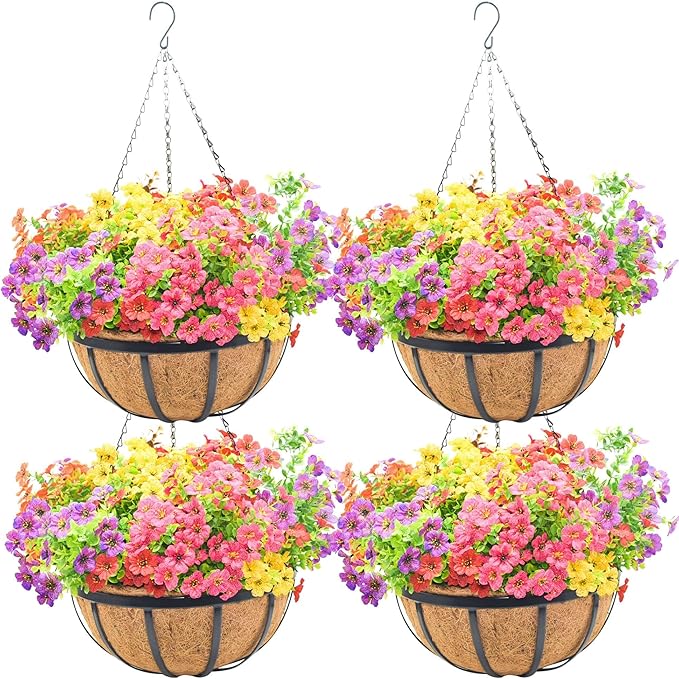 14 Inch Metal Hanging Planter Basket with Coconut Fiber Liner Hanging Plant Flower Pot for Home Garden Patio Decoration,Metal Flat Iron Pattern, 4 Pack