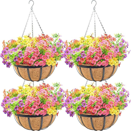 14 Inch Metal Hanging Planter Basket with Coconut Fiber Liner Hanging Plant Flower Pot for Home Garden Patio Decoration,Metal Flat Iron Pattern, 4 Pack