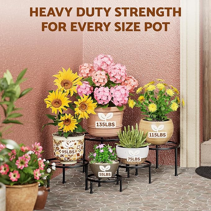 5-Pack Metal Plant Stand Indoor,Plant Stand for Multiple Plants,Anti-Rust Plant Pot Shelf,Round Plant Pot Holder for Outdoor Indoor Planter,Living Room,Balcony Decor(BlackKite)