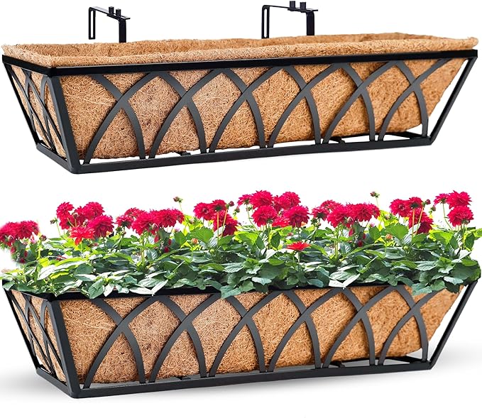 Y&M Planter, 24in Metal Box with Coco Liner, Indoor Outdoor Window/Railing Planter, 2pcs, Black