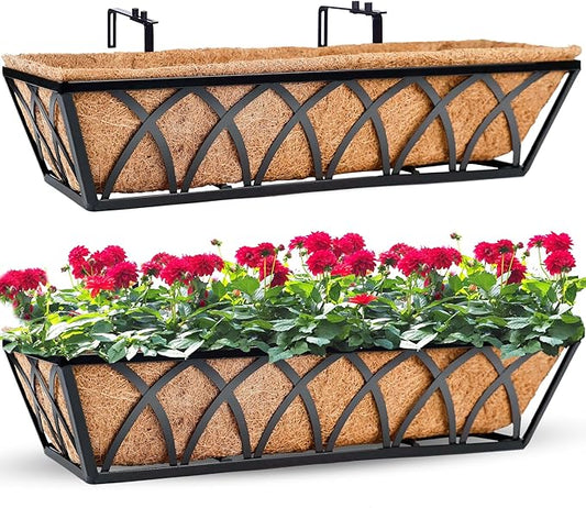 Y&M Planter, 24in Metal Box with Coco Liner, Indoor Outdoor Window/Railing Planter, 2pcs, Black