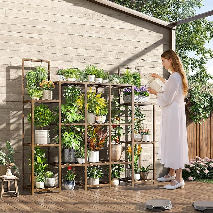 EnHomee Plant Stand Indoor Tall Plant Stand Outdoor Large Wood Plant Shelf Indoor for 20 Pots Plants,4-tiers Plant Holder for Patio Living Room Gardening Balcony 56.1" Wx47 Hx11.78 D