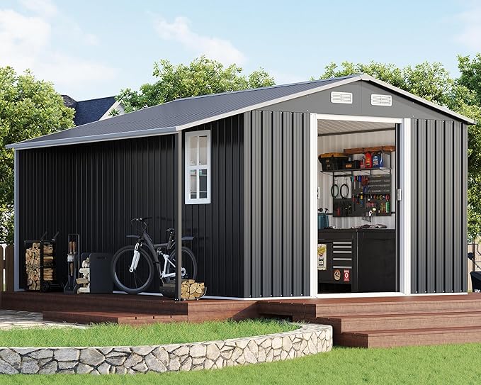 AMERLIFE 10.6x10.3x6.3 FT Galvanized Metal Storage Shed with Open Firewood Storage Area, Sliding Doors & Ramp, 2 Windows & Vents, Weather-Resistant Outdoor Tool/Yard Shed, Dark Gray
