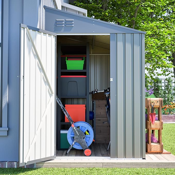 4×7 FT Outdoor Metal Storage Shed,Heavy-Duty Lean to Storage Shed with Lockable Door and Reinforced Beams,All Weather Waterproof Storage House W/2 Air Vents,for Backyard,Patio,Lawn,Gray