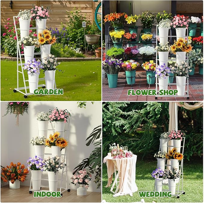 Invech Flower Display Stand with 6 Buckets and Wheels, 3 Tier White Flower Cart Display Stand for Indoor Outdoor Garden, Wedding, Flower Shop (Existing Patent)