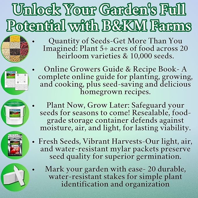 B&KM Farms 10,000 Non GMO Heirloom Vegetable Seeds for Planting Vegetables and Fruits (20 Variety Pack) - Gardening Seed Starter Kit, Survival Gear Food, Gardening Gifts, Prepper Supplies
