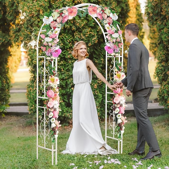 Plow & Hearth Arch Metal Outdoor Garden Arbor, 84 inches Tall, Iron Trellis Lattice for Climbing Plants, Wedding Arch, Outdoor Patio Décor (Montebello-White)