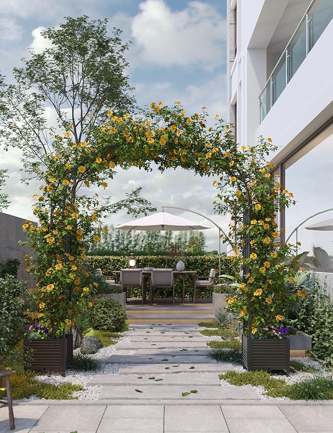 94.5 Inch Garden Arch Trellis with 2 Planter Boxes for Climbing Plants, PE Coated Metal Wedding Arch Arbor with Planter Box for Outdoor Decor, Party Backdrop & Flower Support