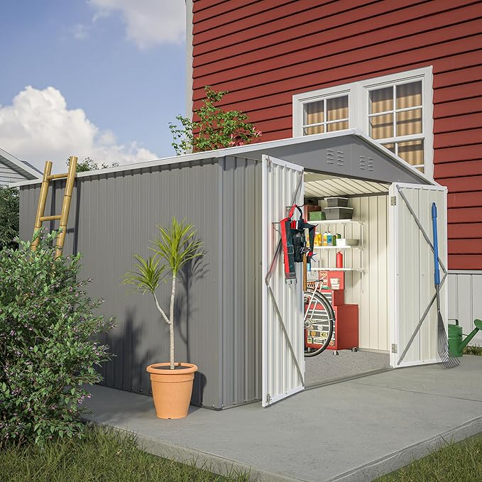 Favfurish 10×8 FT Metal Outdoor Storage Shed, Large Garden Sheds with Lockable Doors, All Weather Anti-Corrosion Galvanized Steel Tool House for Backyard Garden Lawn,Grey