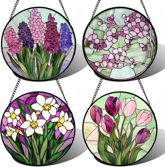 Stained Glass Window Hanging 4 Pcs Set Tulips Plum Flower Daffodils Hyacinths 7.8" - Suncatcher Door Garden Sun Catcher Decor Birthday Mother's Day for Mom Woman Nana