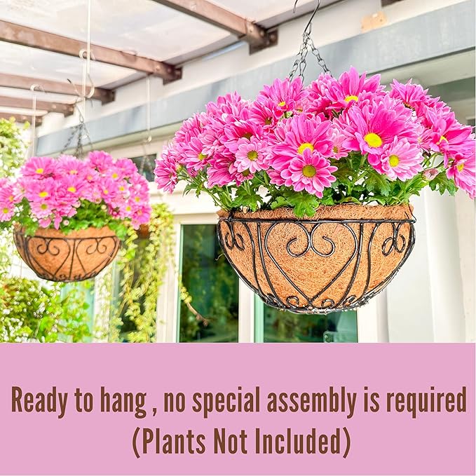 LaLaGreen Hanging Baskets for Plants (16 Inch, 6 Pack) Extra Large Hanging Flower Pot with Coco Liner Black Metal Wire Round Plant Holder with Hanger Hook Chain Outdoor Patio Deck Balcony Garden Decor