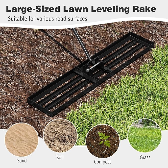 46" x 10" Lawn Leveling Rake, Heavy Duty Landscape Rake with 67" Handle, Non-Slip Grip & Flat Head, Space-Saving Lawn Level Tool for Garden, Backyard, Golf Course & Sports Field(Black)