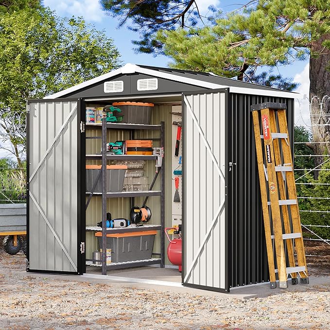 6x4 FT Outdoor Storage Shed, Metal Garden Tool Shed with Sloping Roof & Lockable Door for Patio Lawn Backyard (Black)