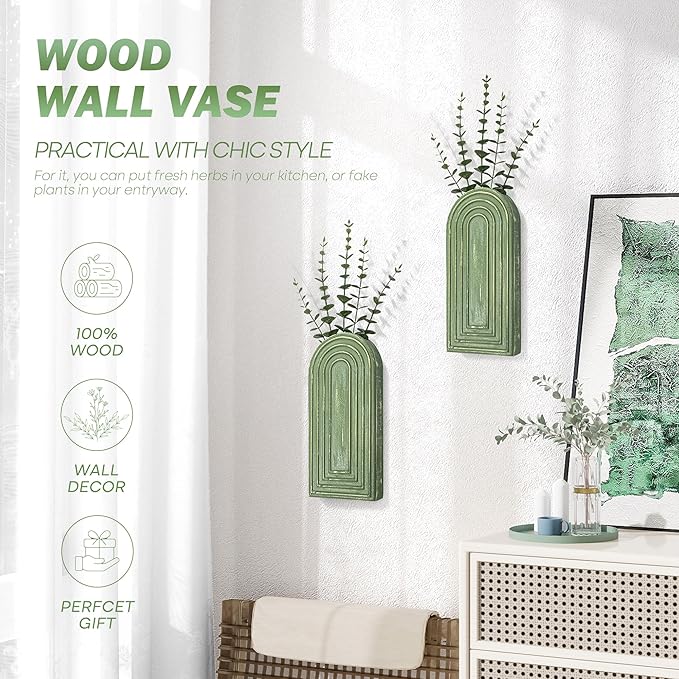 EOSAHR Pine Wood Wall Vases Set of 2 – Decorative Hanging Vases for Indoor Plants, Eucalyptus & Artificial Flowers – Best Boho Chic Decor Wall Art for Bathroom, Bedroom & Living Room (Green)