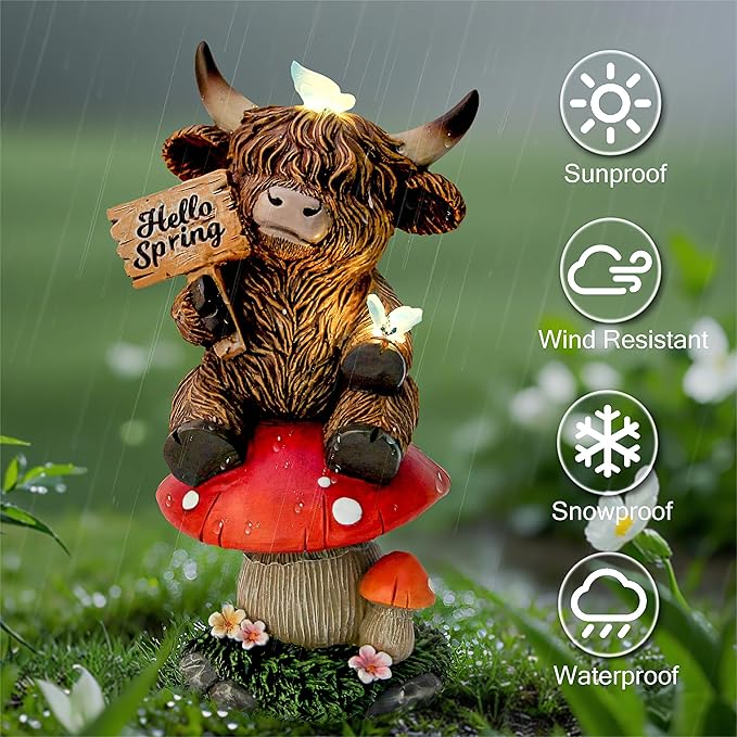 Highland Cow Garden Statue with Solar Butterfly Lights, Spring Outdoor Highland Cow on Mushroom Butterfly Decoration for Yard, Patio, Lawn, Cows Figurine Housewarming Gift for Women, Mom