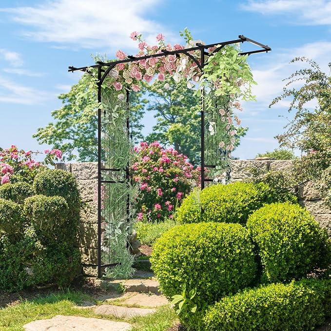 S AFSTAR Garden Arch Trellis Pergola, 6.8 FT Outdoor Metal Arbor w/Extended Top, 4 Ground Stakes, Plant Support Trellis for Climbing Plant Vine Rose, Garden Arbour Archway for Wedding Ceremony Party