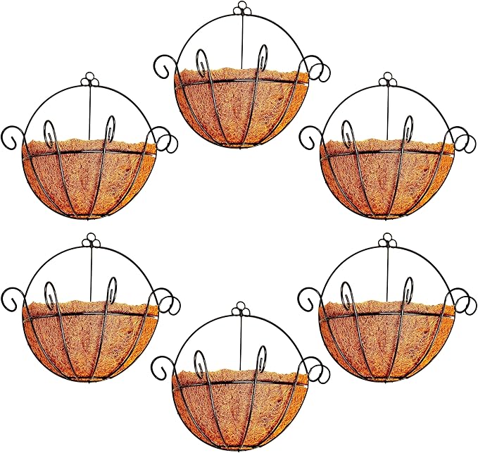 Shoplala Wall Planters Outdoor Plants (10 Inch, 6 Pack) Balcony Planters Railing Hanging Fence Planter Over Railing with Coco Liner, Wall Mounted Flower Basket Black Metal Wire Deck Porch Patio Garden