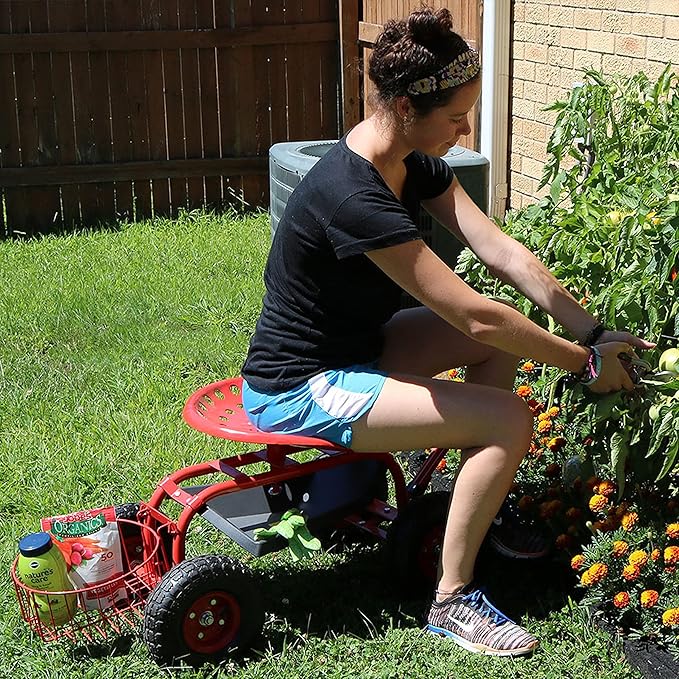 Sunnydaze Garden Cart with Wheels - Garden Stool on Wheels - Rolling Gardening Seat with Extendable Handle - Swivel Seat - Red