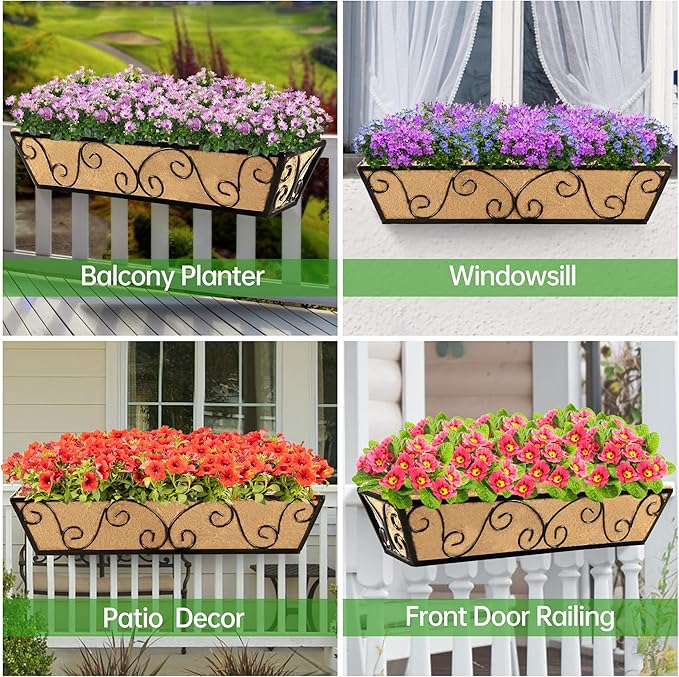 Y&M 24 Inch Window Deck with Coco Liner, Fence Metal Hanging Flower Planter Window Basket Deck Railing Planter Boxes for Outdoor Garden Lawn-Butterfly,2pcs