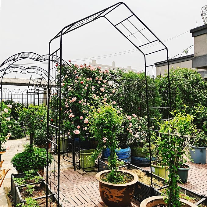 Garden Arbor, 8FT Metal Arbor Trellis for Climbing Plants Outdoor, Black Garden Archway for Lawn, Patio and Backyard, Wedding Arches for Ceremony