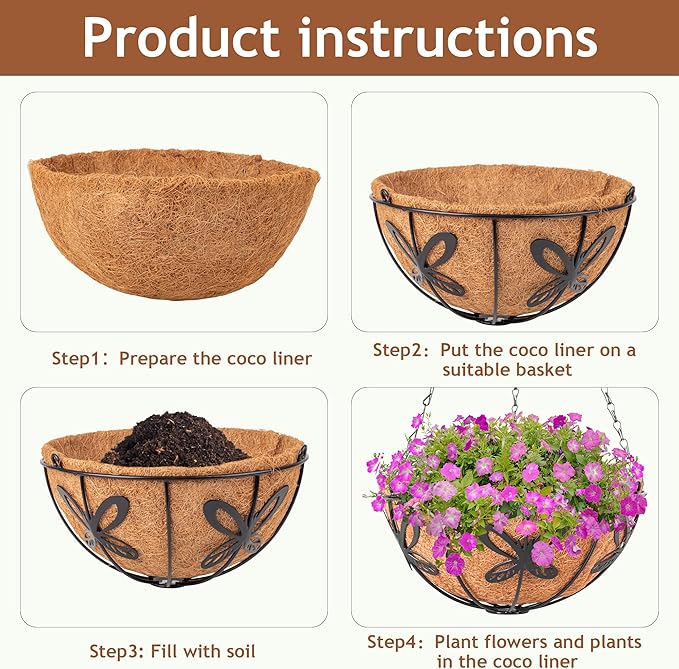 Hanging Baskets Planter for Plants, 2 Pack 10 Inch Round Metal Wire Hanging Flower Pots with Coco Coir Liner Chain, Plant Holder for Home Garden Balcony Decor (10in, Round)