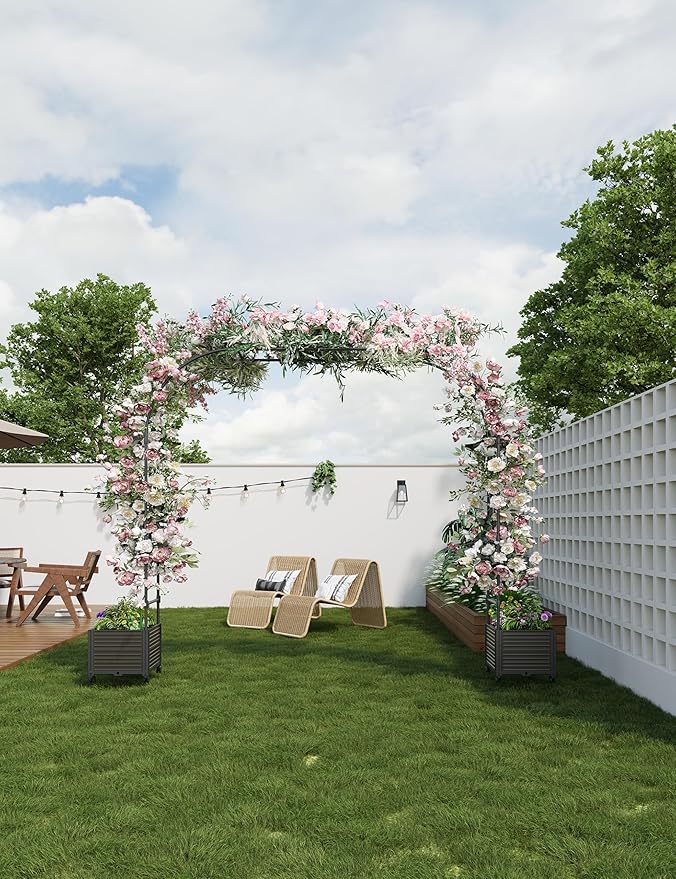 94.5 Inch Garden Arch Trellis with 2 Planter Boxes for Climbing Plants, PE Coated Metal Wedding Arch Arbor with Planter Box for Outdoor Decor, Party Backdrop & Flower Support