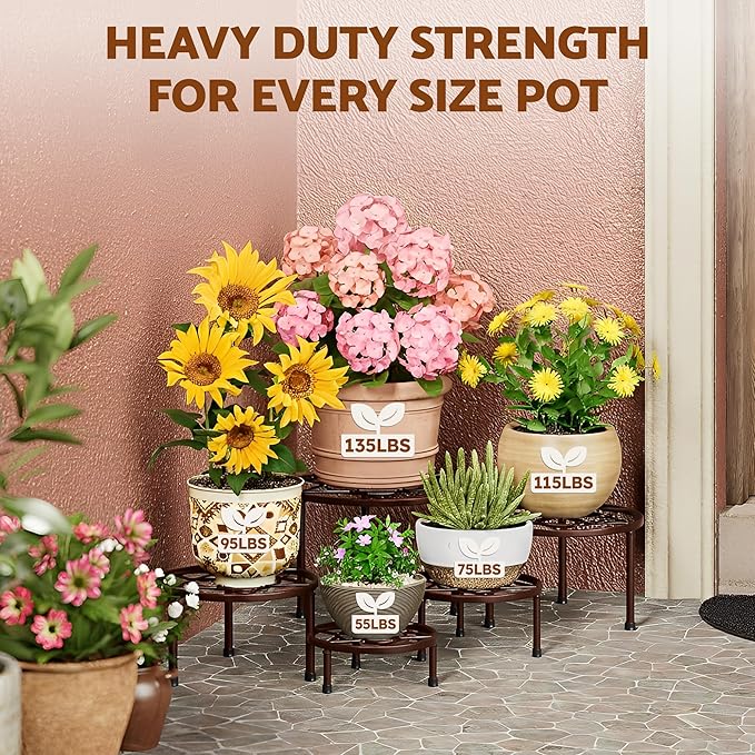 5 Pack Metal Plant Stand Outdoor Indoor,Heavy Duty Flower Pot Stand Holder for Multiple Plants,Rustproof Iron Round Shelf for Planter,Potted Plant Holder for Patio(BrownDiamond)