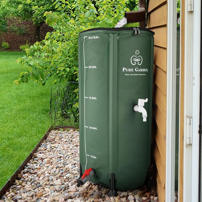 Rain Barrel - 26.4-Gallon/100-Liter Collapsible Water Container for Catching Rainwater - Portable Water Tank with Spigot by Pure Garden (Green