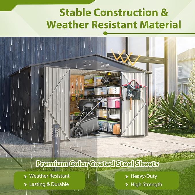 8x10 FT Outdoor Storage Shed, Metal Garden Shed with Frame Floor, Outside Tool Shed with Lockable Hinged Doors, Waterproof Storage Building with Sloped Roof for Backyard, Patio, Lawn, Black