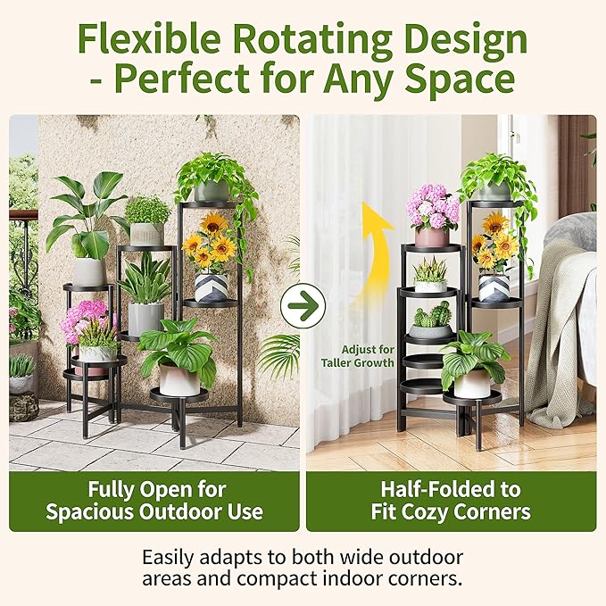 8 Tiered Plant Stand Indoor for Multiple Large Planter, Tall Heavy Duty Adjustable Folding Rack with Rustproof 7.9 Inch Wide Tray, Plant Shelf for Corner Living Room - BlackDisk