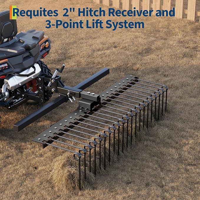 60 in Durable Pine Straw Rake, Steel Spring Landscape Rake Fits 2 in Receiver for Lawn Tractors or ATV/UTV, Black