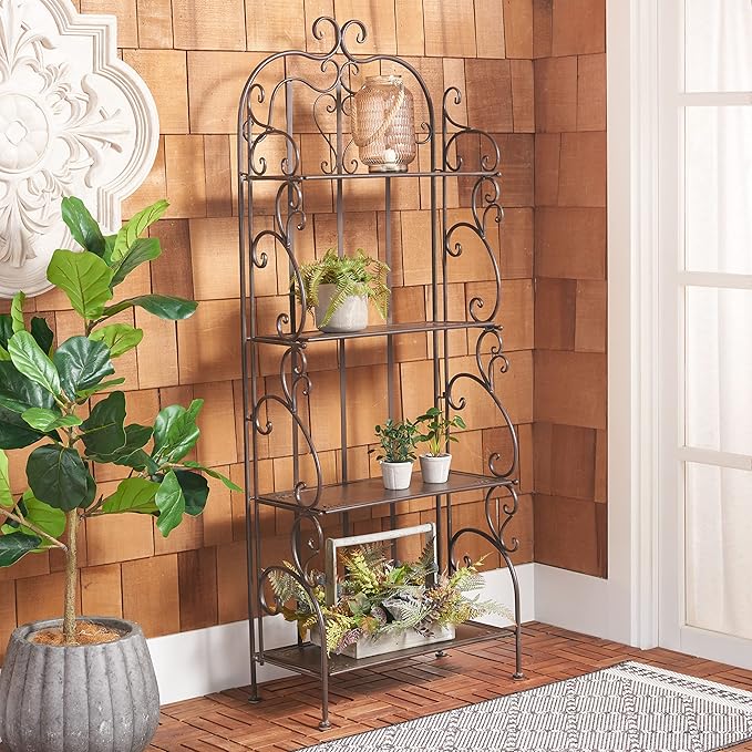 SAFAVIEH Outdoor Collection Tyrique Victorian Rustic Brown Wrought Iron 4-Tier Shelf Unit