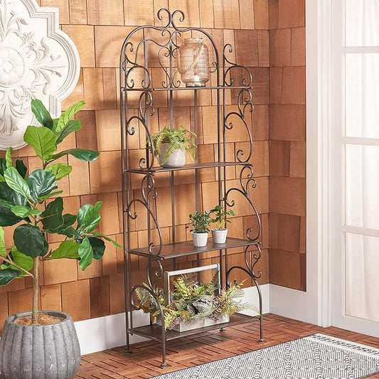 SAFAVIEH Outdoor Collection Tyrique Victorian Rustic Brown Wrought Iron 4-Tier Shelf Unit