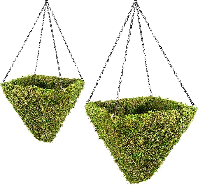 SuperMoss (29330 MossWeave Hanging Basket | Outdoor Hanging Planter with Moss | Decorative Plant Hanger for Porch, Balcony, Garden & Home Décor, Pyramid, Set of 2 (S/L), Green