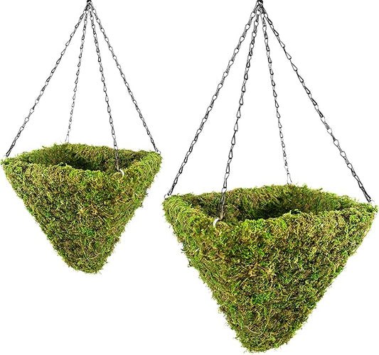 SuperMoss (29330 MossWeave Hanging Basket | Outdoor Hanging Planter with Moss | Decorative Plant Hanger for Porch, Balcony, Garden & Home Décor, Pyramid, Set of 2 (S/L), Green