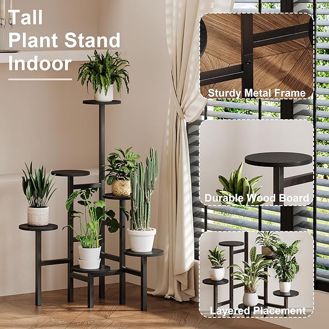 6 Tier Corner Plant Stand Indoor Outdoor, Tall Large Plant Shelf for Multiple Plants, Tiered Flower Pot Holder, Metal Display Plant Shelves for Living Room, Balcony, Patio, Garden (Black)GPS514B