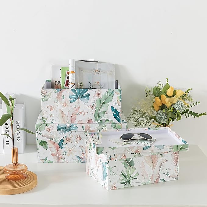 Soul & Lane Decorative Cardboard Storage Boxes with Lids for Home Decor and Organization, Set of 3 Large Keepsake Boxes for Memories & Gifts, Nesting Floral Photo Storage Containers, Jardin Jewel