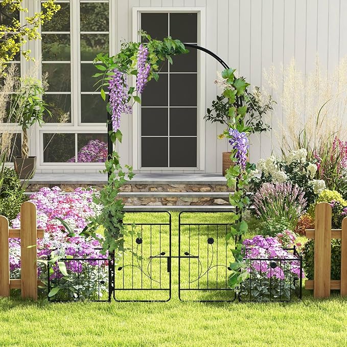 Moccha Garden Arch with Gate and Planter Boxes - 87" Metal Arbor Trellis for Climbing Plants Rose Vine, Heavy-Duty Archway Pergola, Garden Arbor for Wedding Ceremony Decoration Lawn Patio Bridal Party