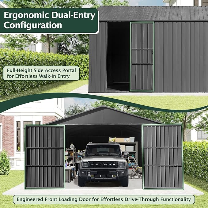 12x15FT Metal Storage Shed, Metal Garage Shed or Heavy Duty Carport, Lockable Double Hinged Doors, Extra Large Car Shelter for Car Truck Motorcycle Lawn Equipment, Wind Resistant