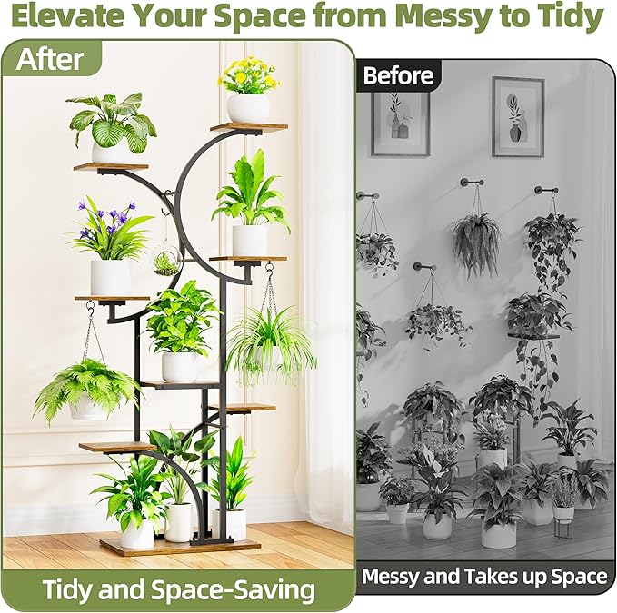Plant Stand Indoor with Grow Lights, 63'' Tall Plant Shelf Indoor, 7 Tiered Corner Shelves for Indoor Plants Multiple, Large Plant Holder Flower Stands Rack, Double C-Shaped for Home Décor, Patio