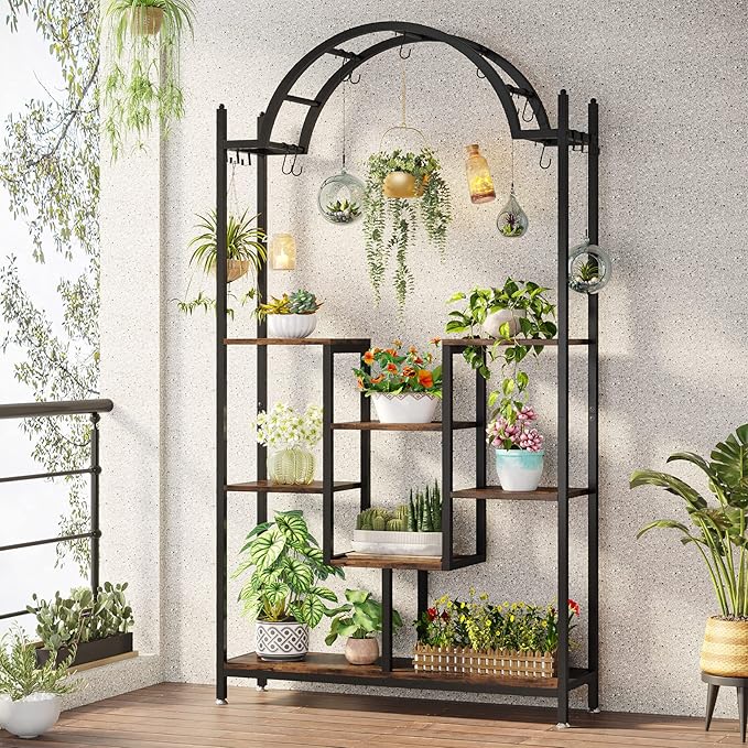 Tribesigns 5-Tier Tall Indoor Plant Stand, 74.8'' Arched Metal Flower Shelf with Hanging Hooks, Large Bonsai Pots Display Rack for Indoor, Balcony, Living Room
